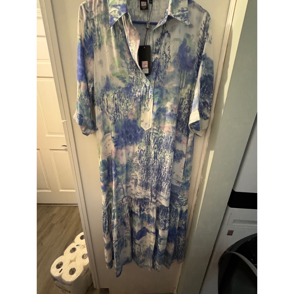 Lior Paris Watercolor Impressionist Landscape Tiered Midi Shirt Dress Blue Green